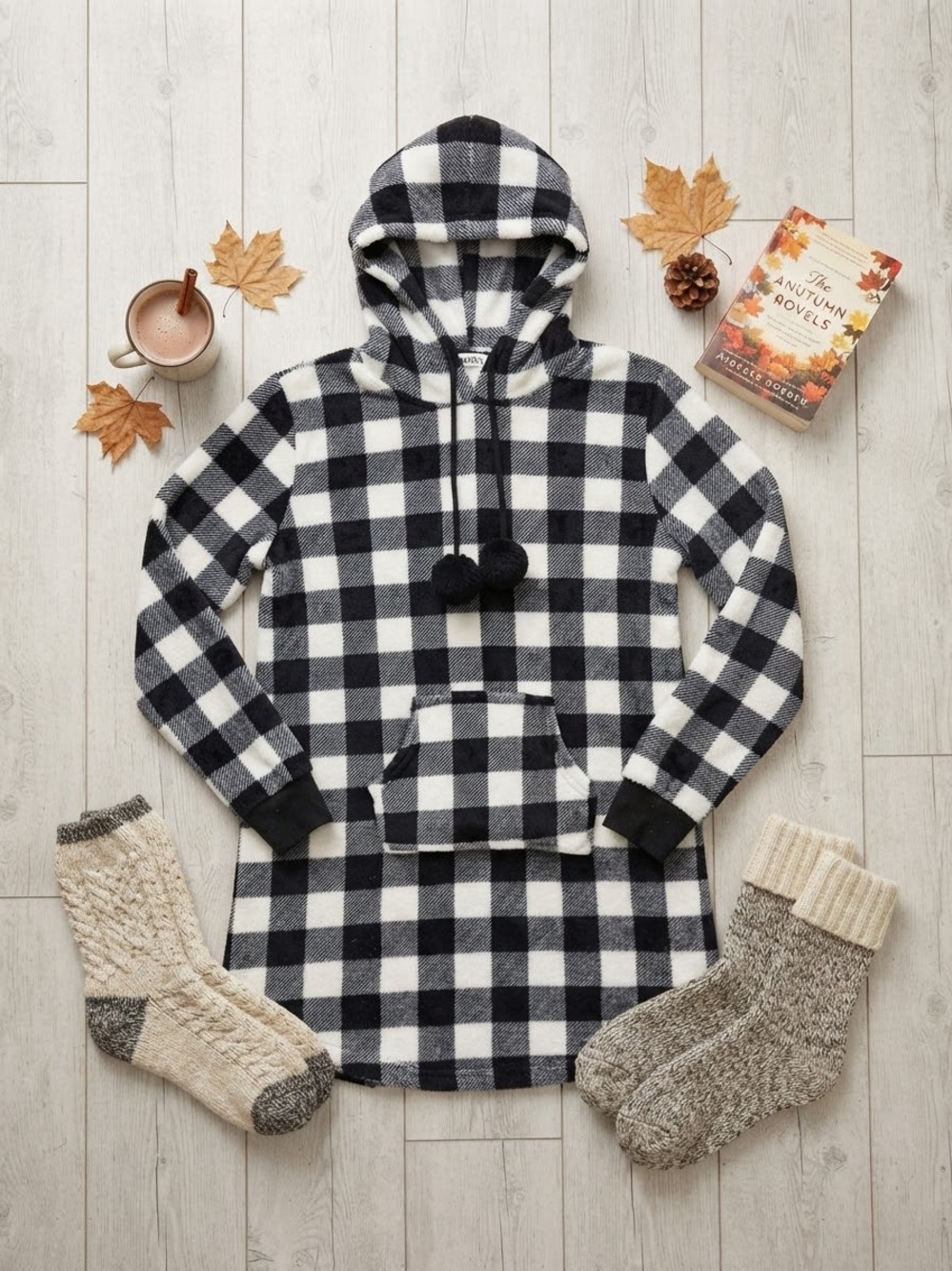 Ardene Black & White Buffalo Check Plush Long Hoodie - Size XS